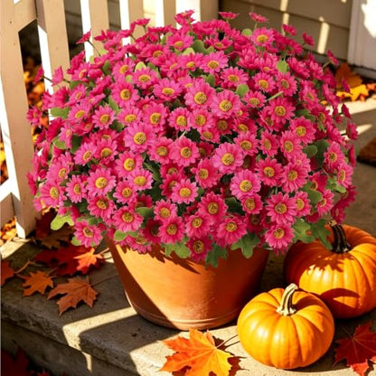Artificial Daisy Mums for Outdoors, 12 PCS Fall Flowers, Fuchsia - color: Fuchsia