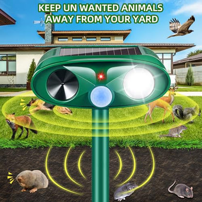 2 Pack Solar Ultrasonic Animal Repeller with USB-C Fast Charge, Double-Sealed IP65 Waterproof Deterrent for Garden, Motion Sensor Deer Cat Dog Skunk Rabbit Raccoon Squirrel Repellent