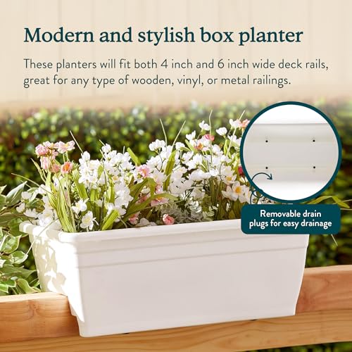 The HC Companies 24 Inch Heavy Duty Deck Rail Planter Boxes, White, 2-Pack