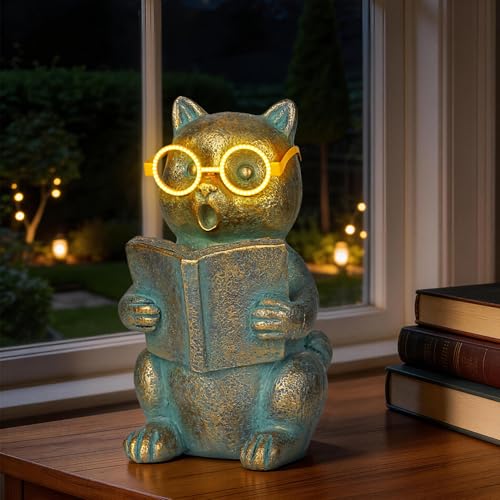 Solar Reading Cat Decor with Light-Up Glasses Patina Garden Statues - size: Cat