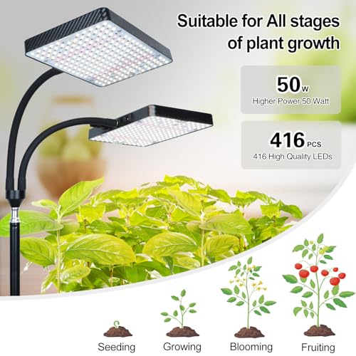 2Head 50W Grow Light with Stand for Seedlings, Seed Starting - size: 2-Head-Stand