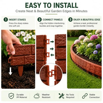 Interlocking Border Edging - Stone -Imitation Plastic Garden Fence, 4PC Landscape - for Garden, NO DIG,Lawn, and Landscape Edging,Flowerbeds, Yard, Sideway