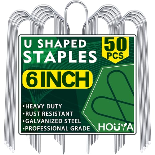 50 Pack Garden Stakes 6 Inch U-Shaped Drip Irrigation Stakes Galvanized Landscape Staples Garden Pins Yard Lawn Ground Stakes for Soaker Hose Drip Line Tubing Landscape Fabric Weed Barrier - size: 6 Inch