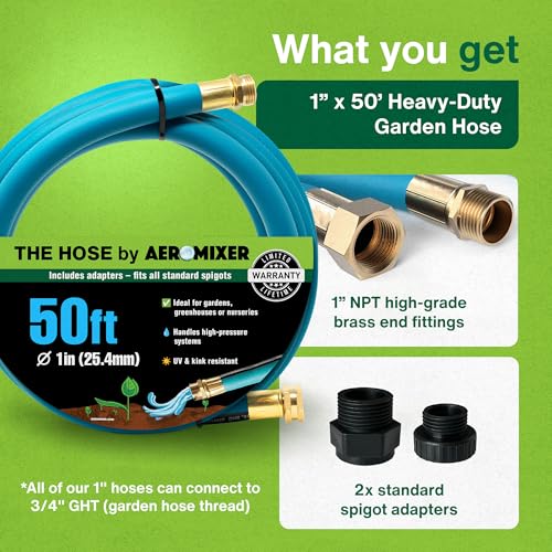 Aeromixer THE HOSE 1 Inch Garden Hose 50 Ft w/Adapter Set for 3/4 Spigots - size: 1" x 50', style: 1 Pack