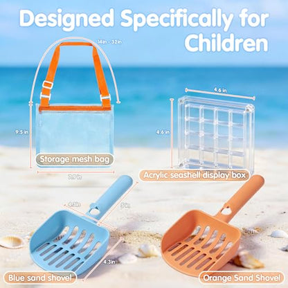 2 Pack Beach Sand Sifter with Seashell Bags & Display Case for Boys & Girls - color: Blue-orange