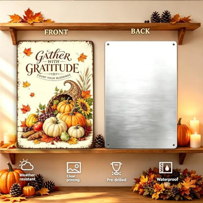 Gather With Gratitude Thanksgiving Metal Sign Harvest Wall Decor 8x12 Inch - color: Gather With Gratitude