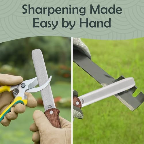 Muldale Garden Tool Sharpener - Dual Grit Titanium File with Leather Strop