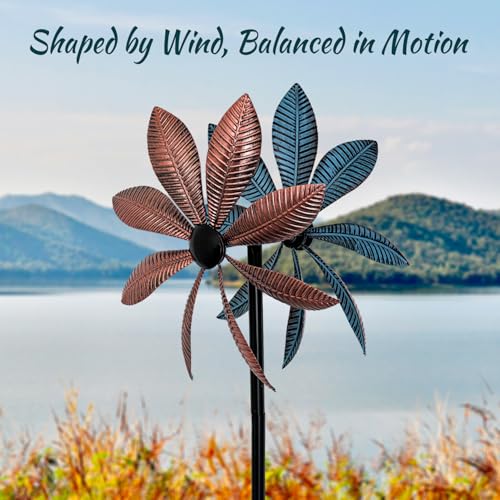 Copper & Blue Leaf 360° Metal Wind Spinners Outdoor, 57" H - color: Copper Leaf
