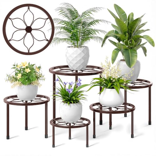 VECELO Metal Plant Stands Set of 5, Multiple Heavy Duty Flower Pot Stand, Round Plant Holder, Brown - color: Brown