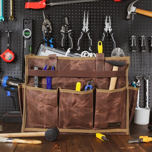 Tool Bag, Heavy Duty 16oz Waxed Canvas Water-Resistant Tool Pouches, Tool Tote with Handle for Tools, Wrenches, Screwdrivers (16.5 X 7 X 12 inch) | Brown - color: Brown