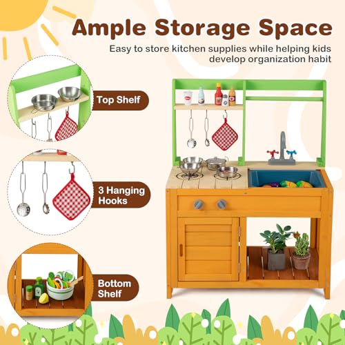 Costzon Mud Kitchen for Kids Outdoor, Wooden Play Kitchen w/Stoves, Removable Sink, Faucet, Oven, Cooking Accessories, Storage Shelves, Montessori Pretend Kitchen Playset for Girls&Boys 3+ Years Old - style: with Storage Shelf