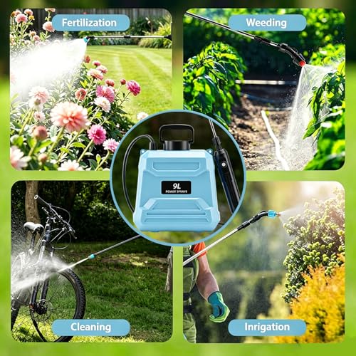 2.4 Gallon Battery Powered Sprayer, 9L Electric Pump Sprayer for Large Lawn & Yard, 2-Speed & 5 Spray Modes with 3 Nozzles, Telescopic Wand, Battery Indicator, Shoulder Strap - color: Blue/2.4 Gallon