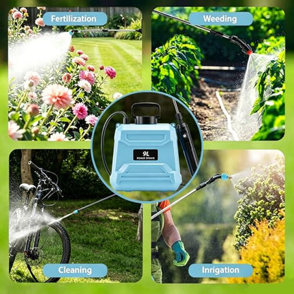 2.4 Gallon Battery Powered Sprayer, 9L Electric Pump Sprayer for Large Lawn & Yard, 2-Speed & 5 Spray Modes with 3 Nozzles, Telescopic Wand, Battery Indicator, Shoulder Strap - color: Blue/2.4 Gallon