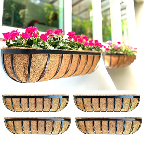 LaLaGreen Deck Railing Planter Boxes - 30 Inch, 4 Pack Wall Planters for Outdoor Plants, Window Flower Boxes Deck Railings with Coco Liners Metal Horse Troughs Fence Balcony Patio Porch Over Rail - size: 30" x 4
