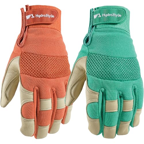 Wells Lamont Women's HydraHyde Leather Hybrid Gloves - color: Green & Orange, size: Medium, style: 2-pack