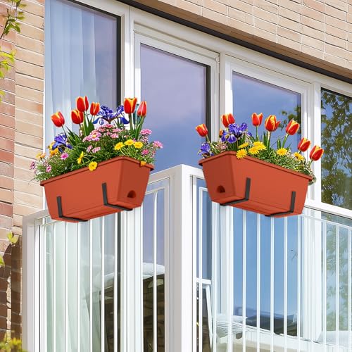 CADUKE Railing Planter Boxes Deck 2 Pack Railing Flower Box with Adjustable Bracket 17 Inch Window Boxes Rectangle Window Deck Hanging Planters Boxes for Outdoor Patio, Red - color: Red