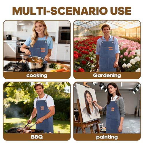 Aprons For Women Men With Large Pockets, Waterproof Cotton Chef Aprons For Cooking Server Grilling Bbq Kitchen - color: Dark Blue