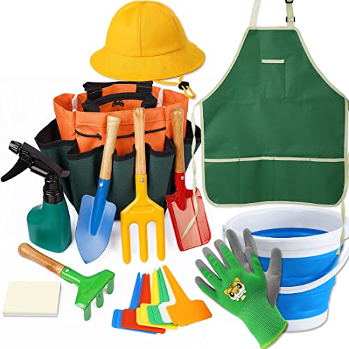 Kids Gardening Tool Set – Garden Tools Kit Includes Shovel, Rake, Fork Trowel, Children Garden Kit with Sun Hat, Apron, Gloves, Tote Bag, Sprayer and Bucket, Outdoor Play Toy Gift for Kid
