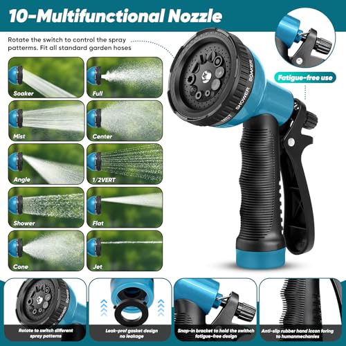 Garden Hose 100FT Non-Expanding, Lightweight Hose With 10-Function Nozzle, Leak-Proof No-Knot, Easy to Carry, Wear-Resistant, Sturdy 3/4GHT Flexible Water Hose for Outdoor (Black with Nozzle)