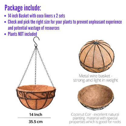 LaLaGreen Black Hanging Planter (14 in, 2 Pack) Metal Plant Pots with Chain - size: 14" (36 cm) x 2 Pack