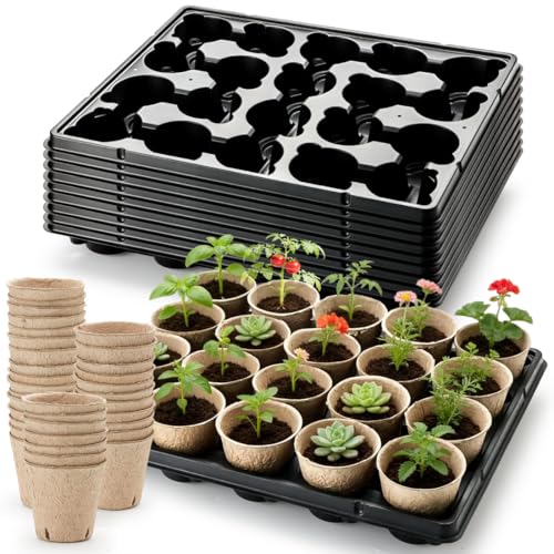 RooTrimmer 3.15 Inch Peat Pots 200 Pcs with 10 Pack 20 Cell Seed Starter Trays, Biodegradable Nursery Pots with Drainage Holes, Reusable Seedling Trays for Vegetable Flower Germination Indoor Outdoor - color: Black, size: 3.15 Inch Peat Pots 200 Pack with