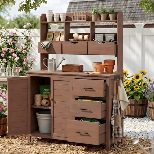 Farmhouse Patio Potting Bench, 44.6''x19.5'' Large Freestanding Garden Workstation with 6 Drawers, Bottom Cabinet and Side Hook, Outdoor Kitchen Island, Brown - size: Brown+3 Drawers