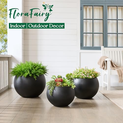 15.8"Dia x 10.9"H Fiberstone Sphere Planter, Black Round Flower Pot - color: Black, size: Medium