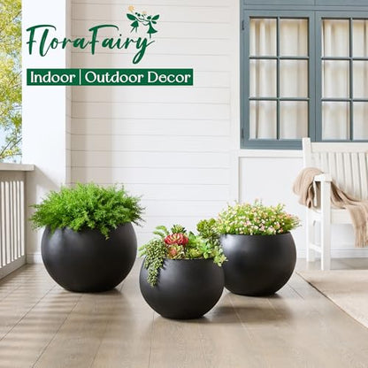 15.8"Dia x 10.9"H Fiberstone Sphere Planter, Black Round Flower Pot - color: Black, size: Medium