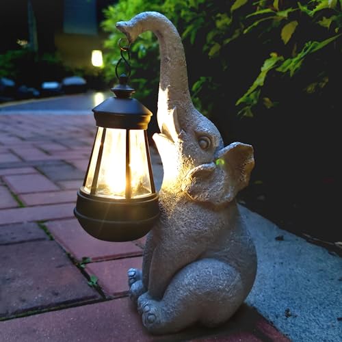 Elephant Solar Garden Statues,Resin Elephant Figurine Decorations with Solar Lights Lantern, Outdoor Figurines Lawn Garden Statue Decor Art for Lawn,Yard, Balcony Ornament. - color: Elephant