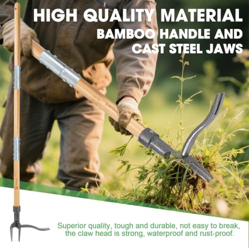 Stand Up Weed Puller, Adjustable Bamboo 4-Claw Steel Garden Weeder