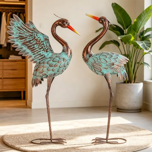37" Blue Heron Statue Outdoor Decor, Large Metal Cranes, Patina - color: 36" -Weathered Patina Heron Decor