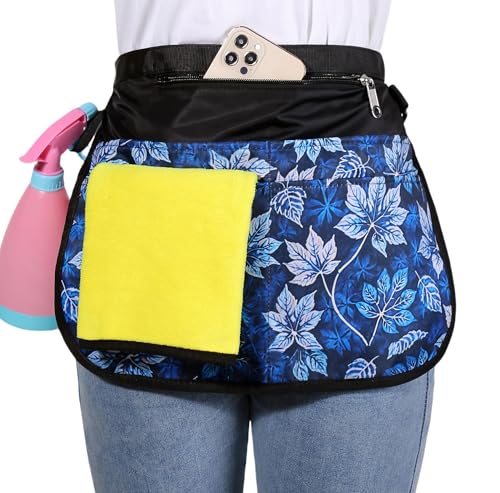 Bafelia Small Size Cleaning Caddy Apron for Women with 5 Pockets, Professional Waterproof Cleaning Supplies for Housekeepers - color: Blue Leaves