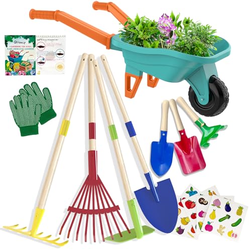 Qtioucp Kids Gardening Set with Wheelbarrow, Real Metal Garden Tools for Kids Ages 3-8, 4 Long Handle Tools, 3 Hand Tool, Gloves, 5 Stickers, Handbook, Outdoor Backyard Toys for Toddler Gift - color: Green