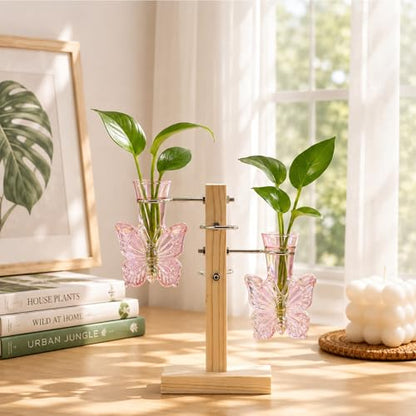 Nacome Plant Terrarium Propagation Stations: Pink Vase with Wooden Stand - color: Pink