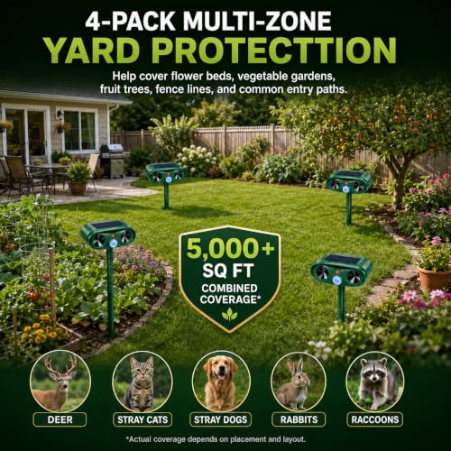 2026 Upgraded 4-Pack Solar Ultrasonic Animal Repellent Outdoor for Yard