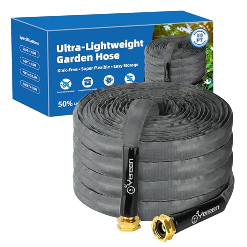 50FT Non-Expanding Garden Hose, Lightweight Flexible Flat Hose, Kink-Free, Burst-Resistant, High-Pressure Water Hose for Outdoor, RV, Lawns, Cleaning - size: 50 FT
