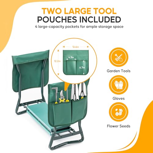 Garden Kneeler and Seat, Foldable Kneeling Stool with Thicker EVA Foam Pad, Heavy Duty Bench with Tool Pouch, Gifts for Outdoor Gardening, Fishing, Green, Arbor Day Gift