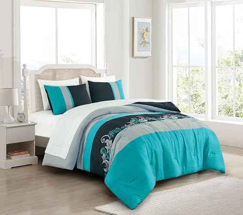 Chezmoi Collection Alana 7-Piece Bed in a Bag Comforter Set with Sheets - Embroidered Floral Luxury Leaves Teal Blue/Black/Gray Lightweight All Season Bedding, Queen Size - color: Teal Blue/Gray/Black, size: Queen