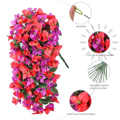 2 PCS Bougainvillea Artificial Hanging Flowers Plants for Outdoors, Mix - color: Purple + Red