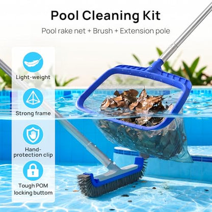 Consciot 3-in-1 Pool Cleaning Kit Includes Leaf Rake Net, Wall Brush & Pole - size: 3PCS