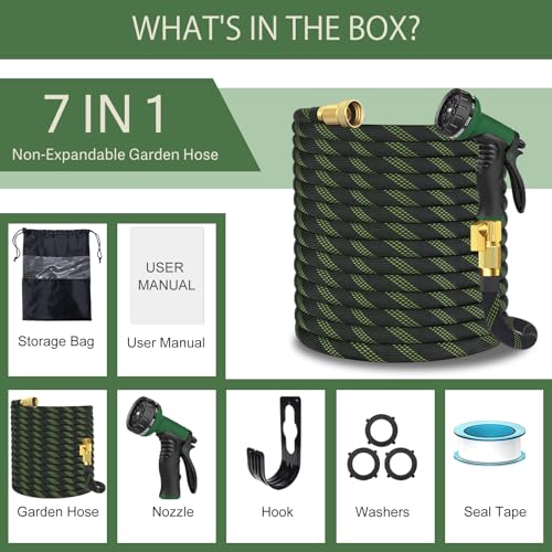 Garden Hose 100 ft, Non-Expandable Flexible Water Hose with 10 Function Spray Nozzle, Lightweight, Leak Proof, Kink-Free, Portable Hose for Outdoor, Yard, Lawn, High-Density Fabric, Black Green