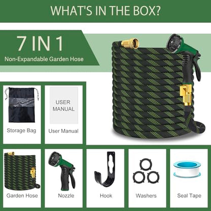 Garden Hose 100 ft, Non-Expandable Flexible Water Hose with 10 Function Spray Nozzle, Lightweight, Leak Proof, Kink-Free, Portable Hose for Outdoor, Yard, Lawn, High-Density Fabric, Black Green