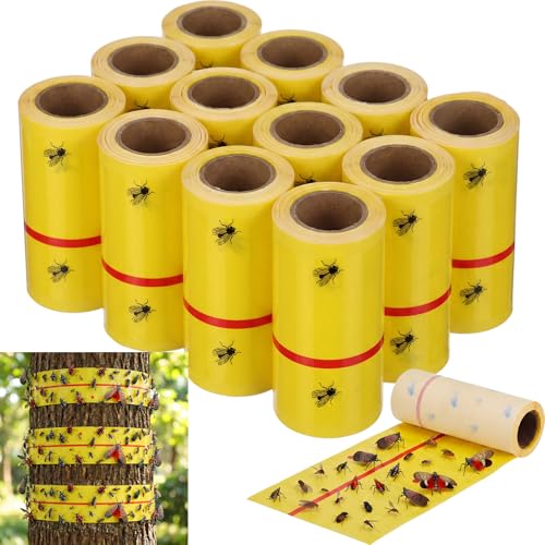 12 Rolls Spotted Lantern Fly Tree Trap 30 Feet Each Roll Lanternfly Tree Outdoor Fruit Fly Sticky Strips Paper Insect Sticky Barrier Trunk Wraps to Protect Plant, Lawn, Garden(Yellow and Red) - color: Yellow and Red