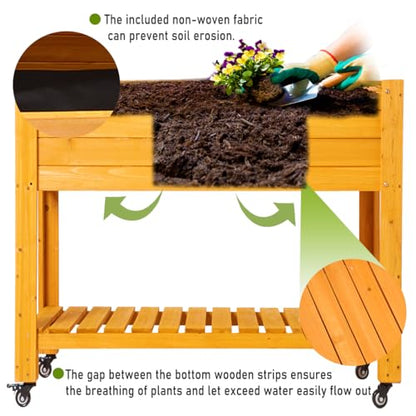 48x24x33 Raised Garden Bed with Wheels, Wood Elevated Planter Box, Natural