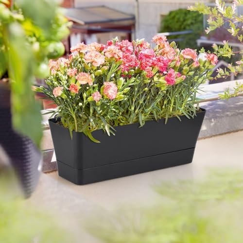 Window Box Planter with Tray, 12" Rectangle Plant Pot, Pack of 3 (Black) - color: Black