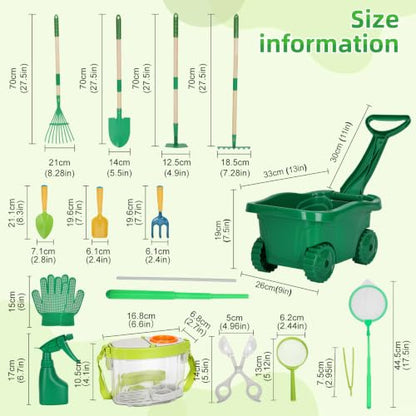 16Pcs Kids Gardening Tools,2-in-1 Kids Garening Wheelbarrow Toys - color: Dark green