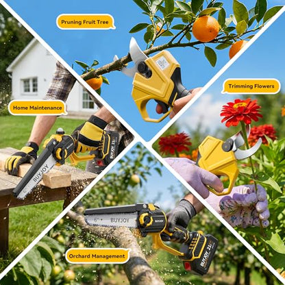BUYJOY 4-in-1 Electric Pruning Shears & 6 Inch Pole Saw Combo - color: Yellow