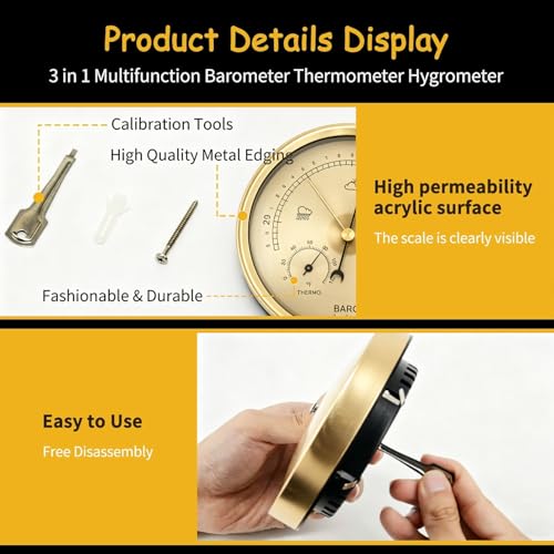 3-in-1 Analog Weather Station, 132mm Barometer Thermometer Hygrometer, Accurate Fahrenheit Readings, Indoor Outdoor Air Pressure Temp Humidity Monitor- Golden