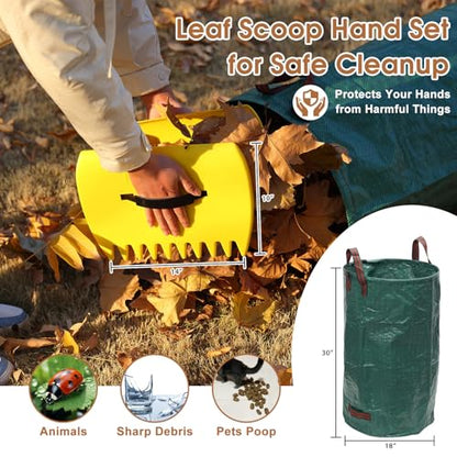 Leaf Rake 18” Wide Heavy Duty Metal 25 Tines Garden Rake Set with 30-75” Adjustable Long Handle for Yard Grass Shrub Mulch Including 32Gallon Garden Bag Leaf Scoops