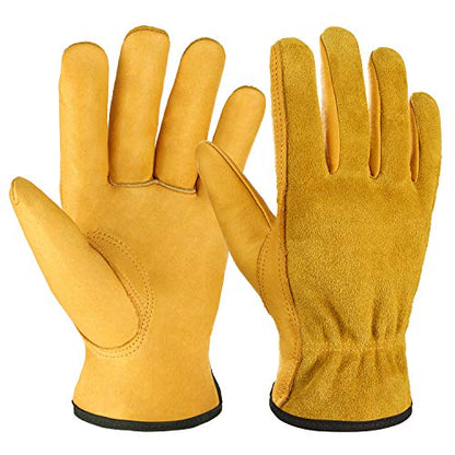 OZERO Leather Work Gloves, Gardening Gloves, Flex Grip, EN388, 1 Pair, M - color: Gold(1 Pair), size: Medium